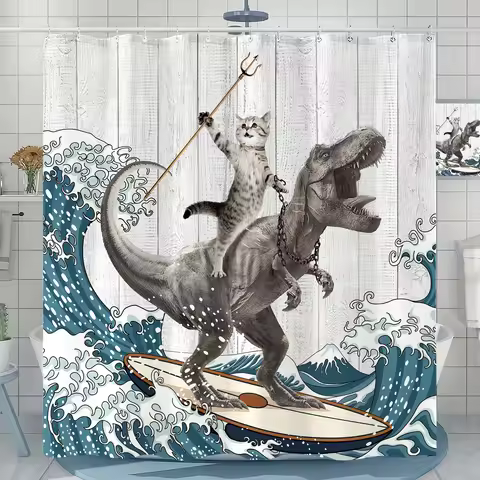 Surfing Dinosaur Ocean Shower Curtain, Fun Cat Shower Curtain, Wave Bathroom Shower Curtain Set, Bat