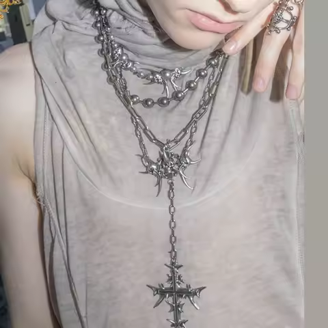 Punk Jewelry Thorn Wings Rivet Cross Pendant Necklace for Women Cool Accessories Grunge Rock Chain N