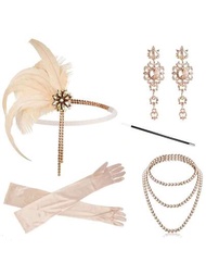 1套/5入組女士1920S復古香檳色羽毛圖案髮箍帶水鑽和珍珠項鍊和波西米亞風格復古流蘇長款耳環和手套和香煙支架,派對打扮配件