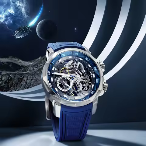 FEICE FM511 Men's Automatic Mechanical Watch,Fashion Skeleton Watch For Men,Blue Silicone Strap,Lumi