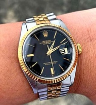 勞力士 1601 DATEJUST 龜殼面 長簇形時標 黑色面盤  Vintage ROLEX 黃K金+鋼