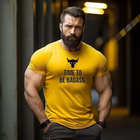 Bull Head Mens Cotton TShirt Streetwear Athletic Bodybuilding Gym Fitness Muscle Fit Yellow