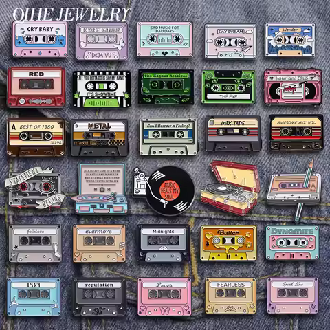 80s 90s Retro Music Cassette Tape Collection Enamel Pins Vintage Nostalgic CD Card Brooches Lapel Ba