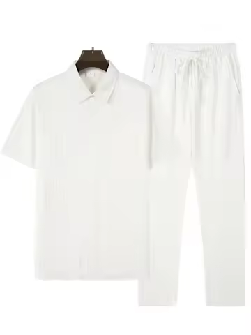 Summer Korean Style Casual Sets for Men Fashion Streetwear Men's Comfort Solid Lapel TopsTrousers Jo