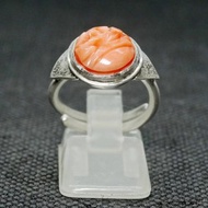 戒指 天然 粉紅 珊瑚 玫瑰花 雕刻 925銀飾 手工 活動戒圍 飾品