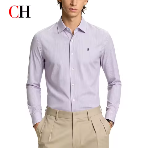 CH Men's Long-Sleeved Shirt - Business Casual Style - With Embroidered Brand Logo - Suitable for Dai