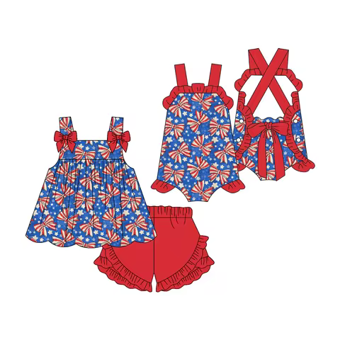Little girl 4th of july bows print summer outfits kids wholesale girl sleeveless child clothing set 