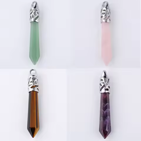 Reiki Natural Gem Stone Bead Blue Sand Long Hexagonal Pillar Prism column Healing Point Opal Necklac