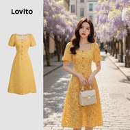 (trendy4)Lovito Boho Dress Button Pleated Spring/summer Yellow Dress for Women L137ED633 Lovito Gaun