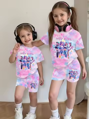 Girls 2Pcs Outfit, Pink Blue Tie Dye "HEY GIRL" K-POP Cartoon Print T-shirt & All Over Matching Shor