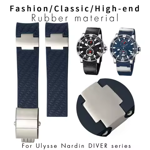 22mm Curved End Silicone Rubber Watch Band For Ulysse Nardin 263 DIVER strap Black Blue Wavy Waterpr