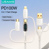 （ในสต็อกในประเทศไทย）USAMS PD100W สายชาร์จ 3 in 1 แท้ สายชาร์จ LED Display QC 3.0 USB-A สายชาร์จเร็ว + Type-C กับ Lightning + Type-C + อะแดปเตอร์ไมโคร 4 In 1ชาร์จเร็วสำหรับ Samsung/iPhone 15/Huawei/OPPO