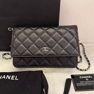 CHANEL香奈兒 黑銀荔枝皮woc發財包鏈條包  30開 尺寸 12.3*19.2*3.5