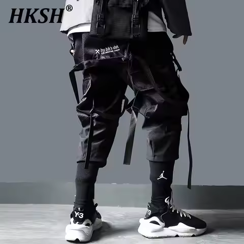 HKSH Men's Tide Tactical Cargo Pants Functional Style Women's Mesh Multi Pockets Overalls Trendy Dar