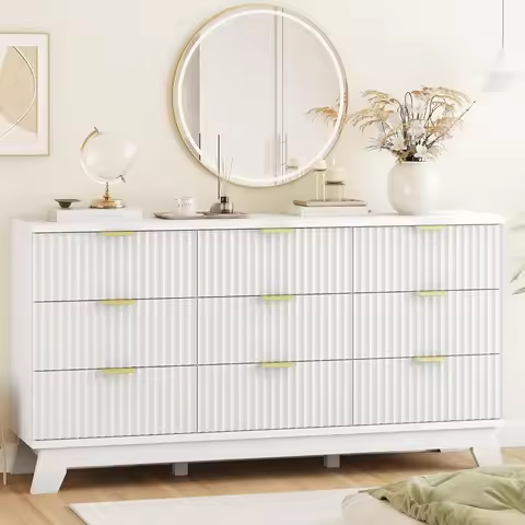 Bedroom Recessed Dresser with 9 Drawers, 57 Inch Wide Modern Chest of Drawers with Metal Handles, Wo