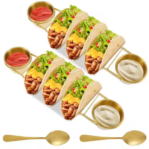 Stainless Steel Taco Stand Set with Detachable Sauce Cups, Spoon, and Condiment Holders Rust-Resista