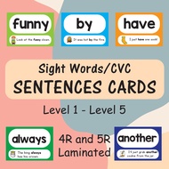 Laminated CVC and Sight Words SENTENCES Flash Cards (4R and 5R)
