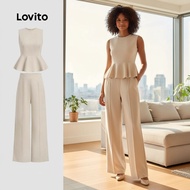 Lovito Women's Spring/Summer Pleated Khaki Trousers Set Casual Pants Outfit L137ED115
