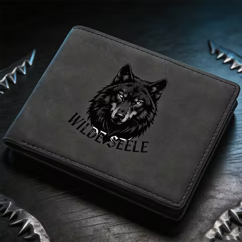Wolf Head Print Slim Mini Men's Wallet Vintage Suede PU Leather Bifold Credit Card Holder Portable P