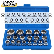 BACKOF 19 Pcs Spline Socket Set, Cr-V Metric 12 Point Socket Set, High Quality 1/2" Drive 6-Angle 8-