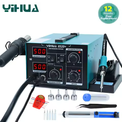 YIHUA 852D+ Soldering Station 2 In 1 With Solder Iron And Hot Air Pump Digital Display Repair Tool D