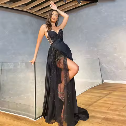 Corset Spaghetti Strap Black Pleat High Slit Asymmetrical Prom Gowns Custom Beading Sequined Women D