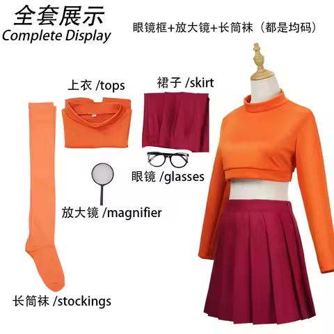 Anime Velma Seragam Cosplay Kostum Orange jupe courte uniforme Wanita Oranye Kaus Kaki Rok Atas Hall