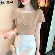 เสื้อผู้หญิงสีพื้นแขนเสื้อยืดคอกลมหรูหราสำหรับใส่ทำงาน VONDA (ลายดอกไม้เกาหลี) [ลดล้างสต๊อก]