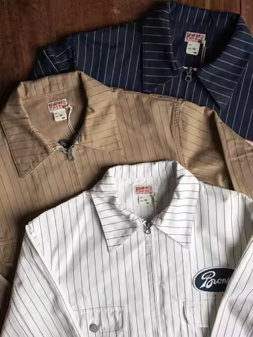 Rugged Bronson HBT Stripe Mechanic Jacket Vintage Workwear Cafe Racer Zipper Trucker Jacket