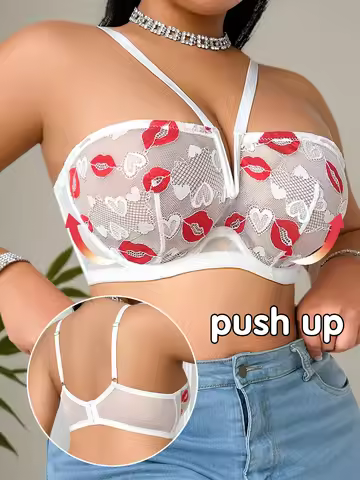 Plus Size Seductive Lips Print Lace Unpadded Underwire Bra for Women Full Coverage Push Up Demi Deep