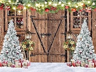 Christmas Backdrop for Photography Winter Rustic Barn Wood Door Backdrop Xmas Tree Snow Gift Kids Adult Family Supplies Banner Party Baby Shower Decoration Photo Background 8X6FT