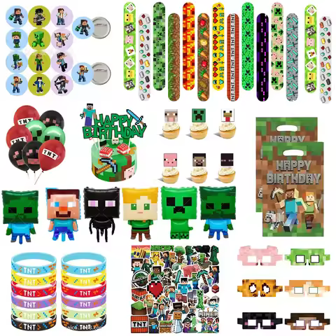 Pixel Miner Crafting Birthday Party Supplies Tableware Set with Banner Tablecloth Paper Plates And S