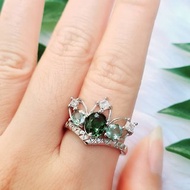 天然綠色碧璽配綠色藍寶石銀鍍鉑頭飾戒指