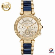 歐美Michael Kors手錶 新款藍色間膠三眼計時日曆鑲鑽女錶 女生石英錶 MK6238 不鏽鋼帶鏈腕錶 女士 金色錶盤 39mm