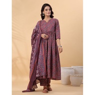 Wine Ajrak Printed Cotton Blend Anarkali Kurti Palazzo Set With Dupatta