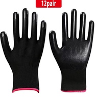 12Pair PU Rubberized Gloves/Sarung Tangan Getah Dan Kain/保护手套/ Nitrile Foam Coated Work Glove/ Safety Black Gloves Labor