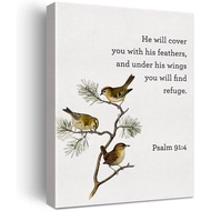 Psalm 91_4 Bible Verse Canvas Print, 12x15 Inch Framed Ready to Hang, Christian Home Decor & Gift