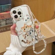Cat Painted Flat Printed Cream Wavy Edge Bracelet Strap Simple Anti-Drop Thick Phone Protective Case