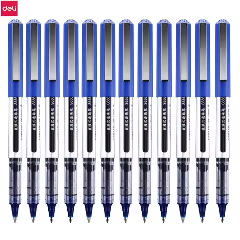 Deli Rollerball Pens, 12 Pack Blue/ Black Liquid Ink Ballpoint Gel Pens, 0.5 mm Fine Tip Rolling Bal