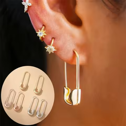 Classic Safety Pin Earings for Women Men Unisex Paper Clip Gold Silver Black Color Zinc Alloy Earing