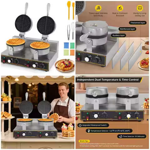 Waffle Maker 2400W Double Waffle Iron Maker Restaurant Non-stick Round Waffle Machine Commercial