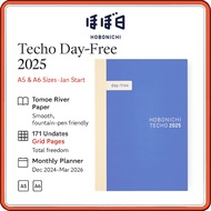 Hobonichi Techo Day-Free 2025 Planner | A5 & A6 Sizes | Monthly Calendar + Undated Grid Notebook | T