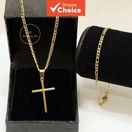 Stainless Steel Gold Tone Men's Cross Chain Necklace Set Minimalist Non Tarnish Kwintas Rantai Leher