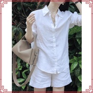 LAHSTORE women's loose long-sleeved linen shirt with off-the-shoulder tail cutout (White)