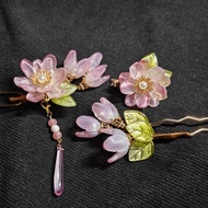 Sideburns Begonia Glass Hairpin Antique New Chinese Style Pink