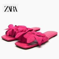 Zara Women's Shoes Rose Red Flower Decoration Sheep Leather Flat Sandals