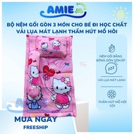 Bộ Nệm Gối Gòn 3 Món Cho Bé Đi Học Mầm Mon Từ 2-7 Tuổi Chất Vải Lụa 5D Mát Lạnh Thấm Hút Mồ Hôi Tốt