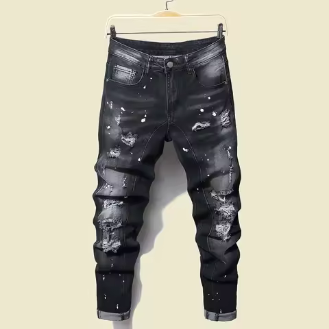 Men Black Skinny Denim Spot Jeans Male Ripped Stretch Fit Jeans Men Slim Trousers Fit Long Jeans Pan