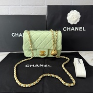 Chanel 香奈兒 菱格紋口蓋包 金球方胖子  蘋果綠金釦 斜背/單肩/ 手提