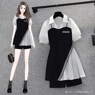 【maoganfe543.my】 dress 大码女装胖妹妹显瘦时尚减龄拼接衬衫显瘦短裤两件套装 加大码女装店 /dress large size women's fat sister slimmin